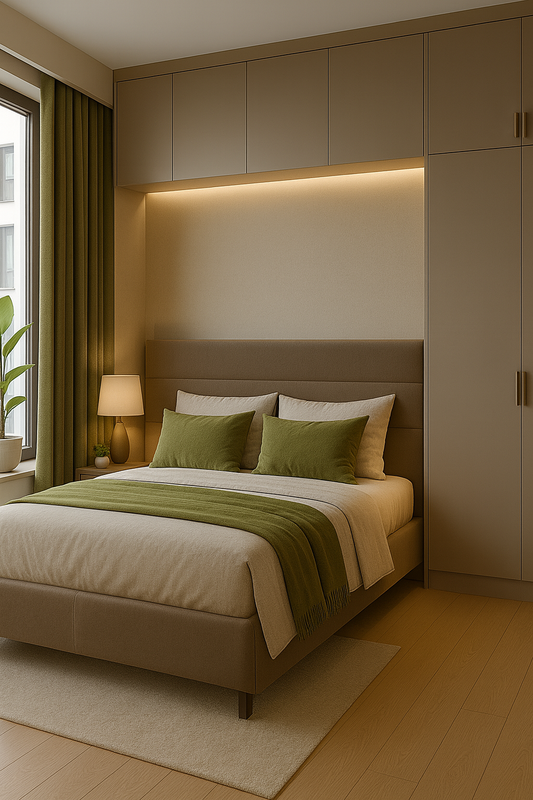 Sypialnia – taupe i oliwkowa zieleń w wersji cozy