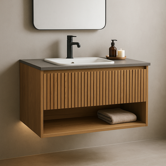 Szafka łazienkowa z ryflowanym frontem i otwartą półką – LINEA SHELF Minimo Smart